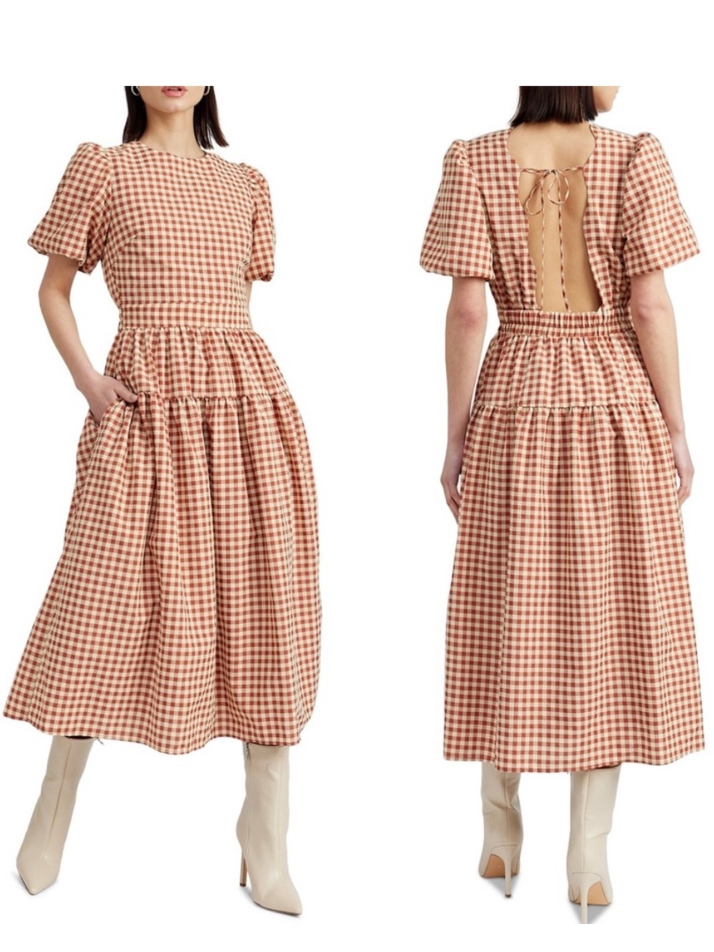 En Saison Women's Juni Round-Neck Bubble-Sleeve Tie-Back Scalloped Midi Dress L - Picture 3 of 16